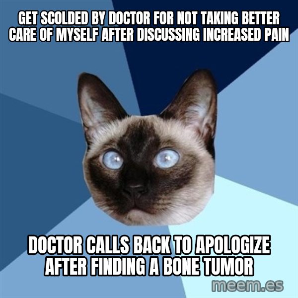 Chronic Illness Cat meme: GET SCOLDED BY DOCTOR FOR NOT TAKING BETTER CARE OF MYSELF AFTER DISCUSSING INCREASED PAIN / DOCTOR CALLS BACK TO APOLOGIZE AFTER FINDING A BONE TUMOR