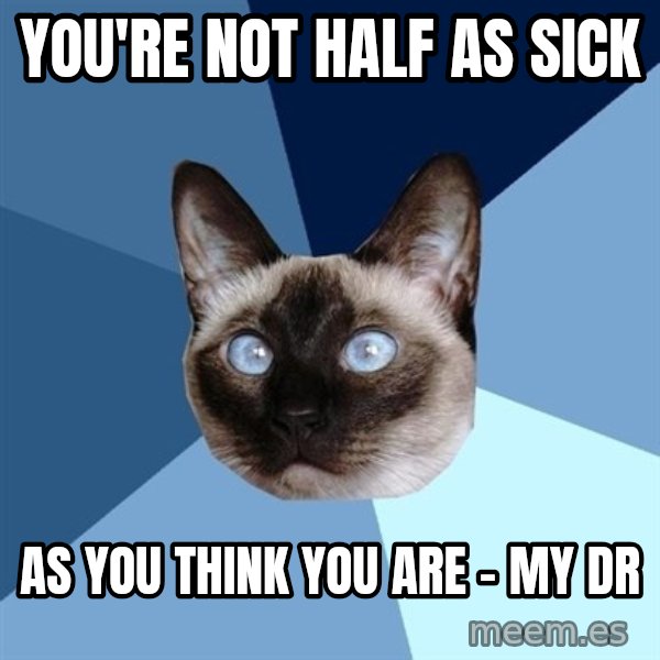 Chronic Illness Cat meme: You're not half as sick / as you think you are - my Dr