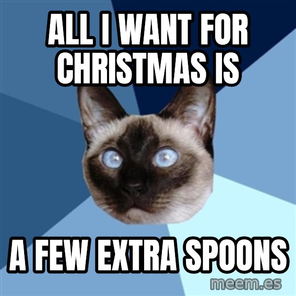 Chronic Illness Cat meme: All I want for christmas is / a few extra spoons