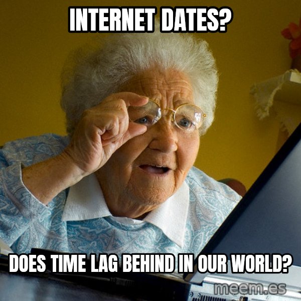 Internet Grandma Surprise meme: internet dates? / does time lag behind in our world?