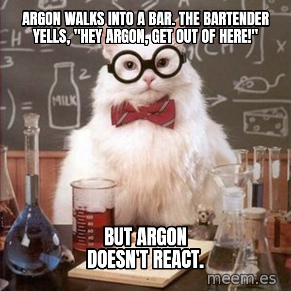 Chemistry Cat meme: Argon walks into a bar. The bartender yells, "hey argon, get  out of here!" / But argon doesn't react.
