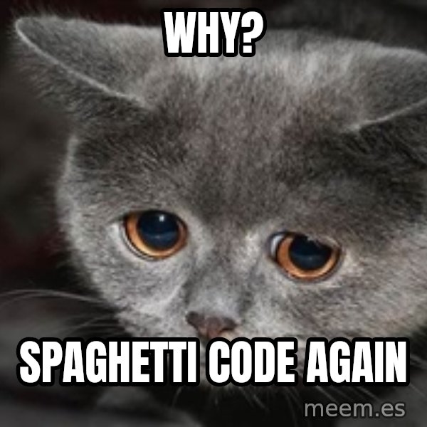 Sadcat meme: WHY? / Spaghetti code again