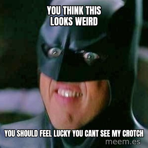Goddamn Batman meme: you think this looks weird / you should feel lucky you cant see my crotch