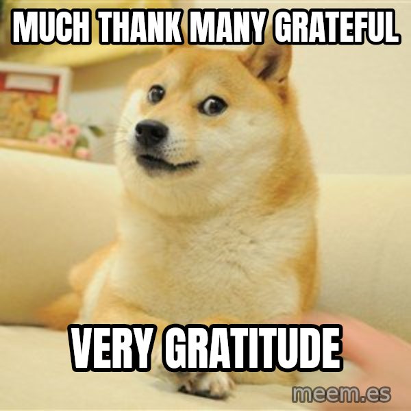 so doge meme: MUCh Thank many grateful / Very gratitude