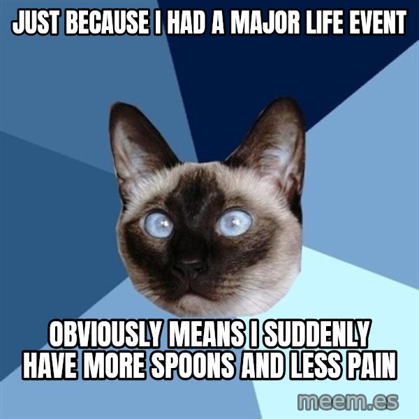 Chronic Illness Cat meme: Just because i had a major life event / obviously means I suddenly have more spoons and less pain