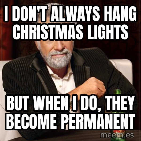 The Most Interesting Man In The World meme: I don't always hang christmas lights / but when i do, they become permanent