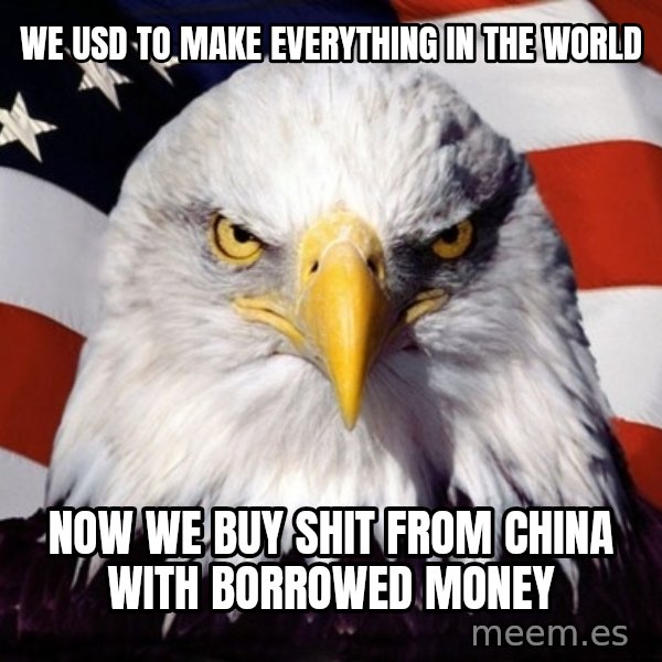 American Pride Eagle meme: we usd to make everything in the world / now we buy shit from china with borrowed money