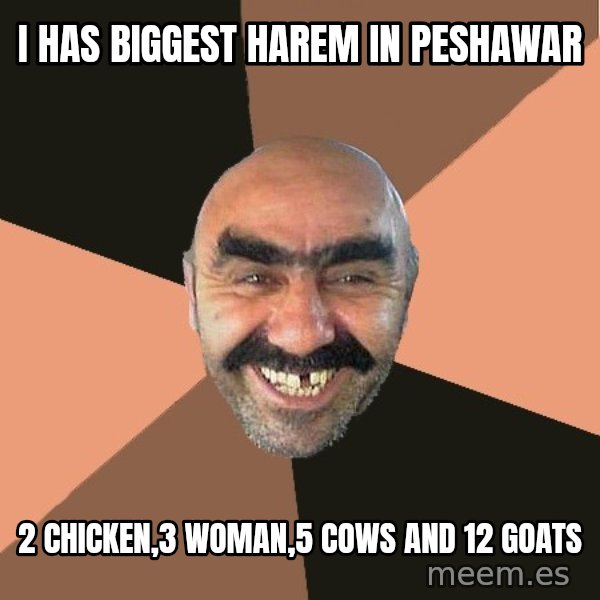 Provincial Man meme: i has biggest harem in peshawar / 2 chicken,3 woman,5 cows and 12 goats