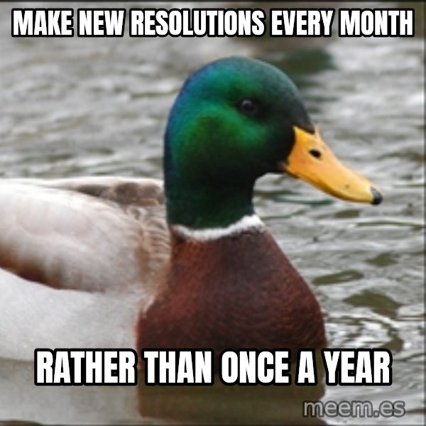 Actual Advice Mallard 1 meme: Make new resolutions every month / Rather than once a year
