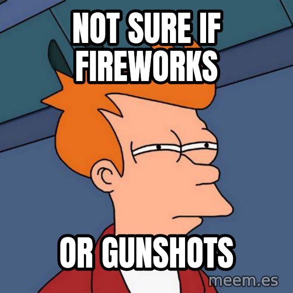 Futurama Fry meme: Not sure if fireworks / or gunshots