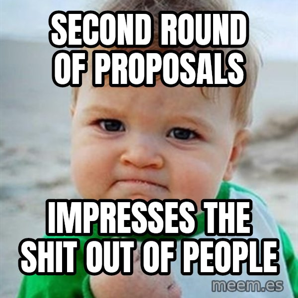 Victory Baby meme: Second round of proposals / Impresses the shit out of people