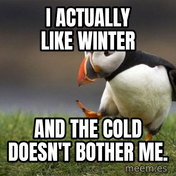 Unpopular Opinion Puffin meme: I actually like winter / and the cold doesn't bother me.