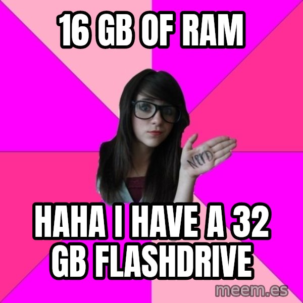 Idiot Nerd Girl meme: 16 GB of ram / haha i have a 32 gb flashdrive