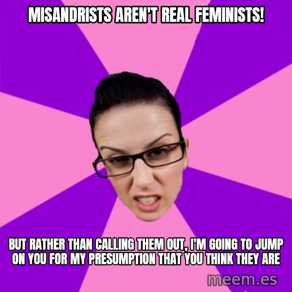 Privilege Denying Feminist meme: misandrists aren't real feminists! / but rather than calling them out, I'm going to jump on you for my presumption that you think they are
