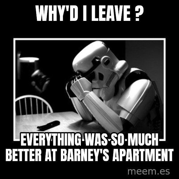 Sad Trooper meme: Why'd I Leave ? / Everything was so much better at Barney's apartment