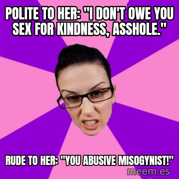 Privilege Denying Feminist meme: polite to her: "I don't owe you sex for kindness, asshole." / rude to her: "you abusive misogynist!"