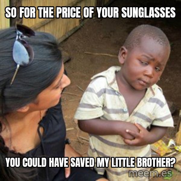 Skeptical 3rd World Kid meme: So for the price of your sunglasses / you could have saved my little brother?