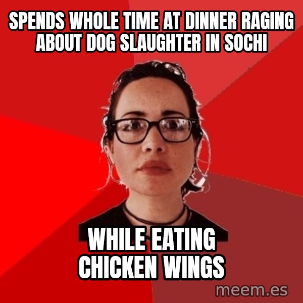 Liberal Douche Garofalo meme: spends whole time at dinner raging about dog slaughter in sochi / while eating chicken wings