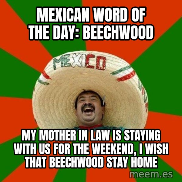 Successful Mexican meme: mexican word of the day: beechwood / my mother in law is staying with us for the weekend, i wish that beechwood stay home