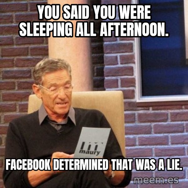 Maury Lie Detector meme: you said you were sleeping all afternoon. / Facebook determined that was a lie.