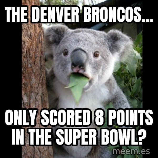 Koala can't believe it meme: The denver broncos... / Only scored 8 points in the super bowl?
