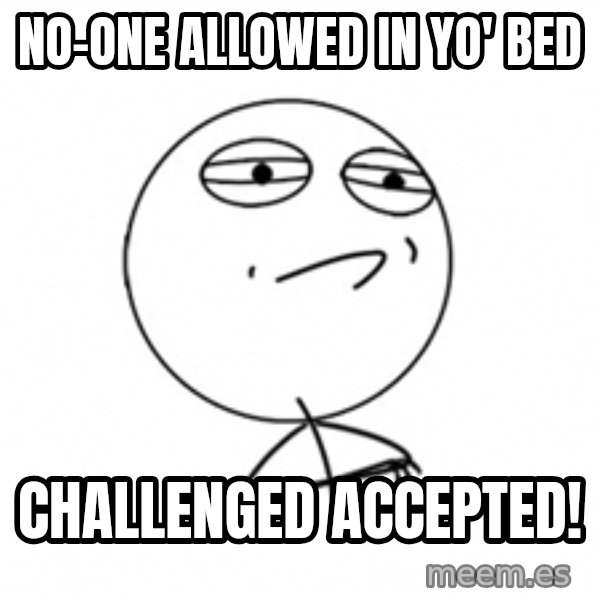 Challenge Accepted meme: nO-ONE ALLOWED IN YO' BED / challenged accepted!