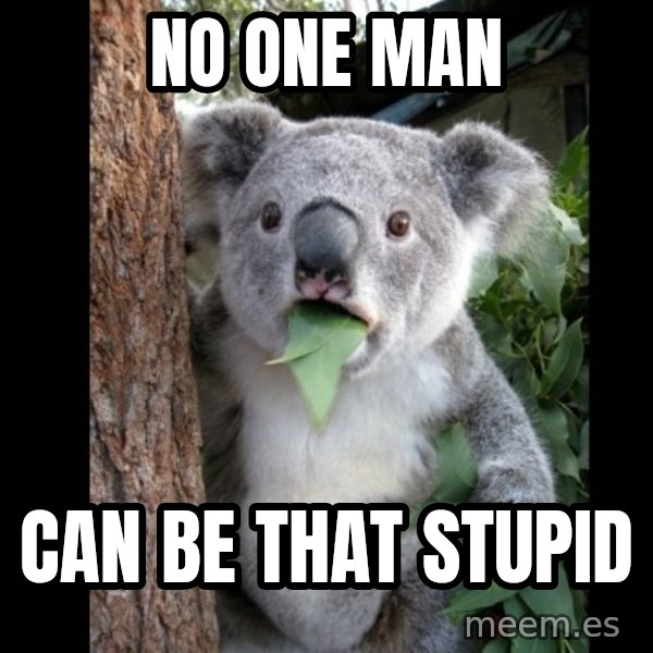 Koala can't believe it meme: No one man / can be that stupid