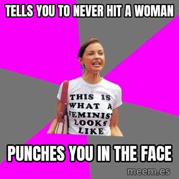 Feminist Cunt meme: Tells you to never hit a woman / punches you in the face