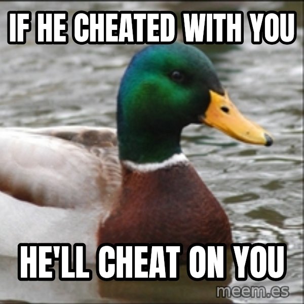 Actual Advice Mallard 1 meme: If he cheated with you / he'll cheat on you