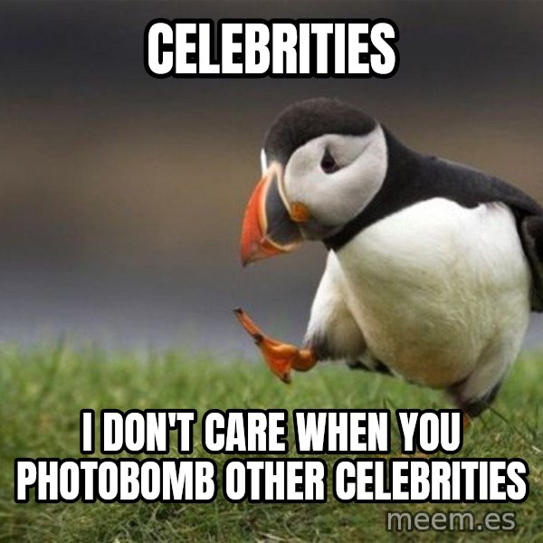 Unpopular Opinion Puffin meme: celebrities / i don't care when you photobomb other celebrities