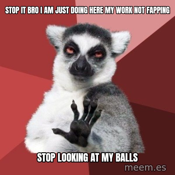 Chill Out Lemur meme: stop it bro i am just doing here my work not fapping / stop looking at my balls