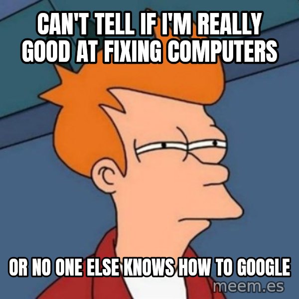 Not sure if troll meme: can't tell if i'm really good at fixing computers / or no one else knows how to google