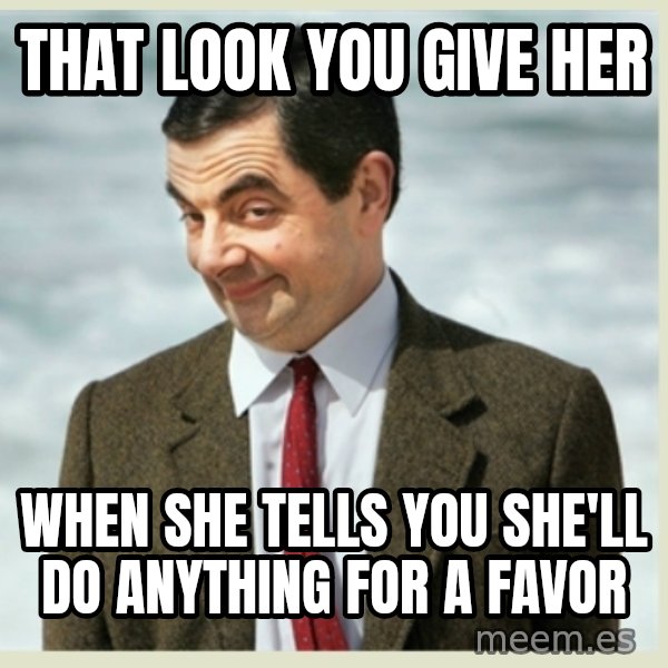 MR bean meme: that look you give her / When she tells you she'll do anything for a favor