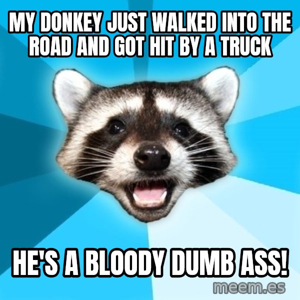 Lame Pun Coon meme: my donkey just walked into the road and got hit by a truck / he's a bloody dumb ass!