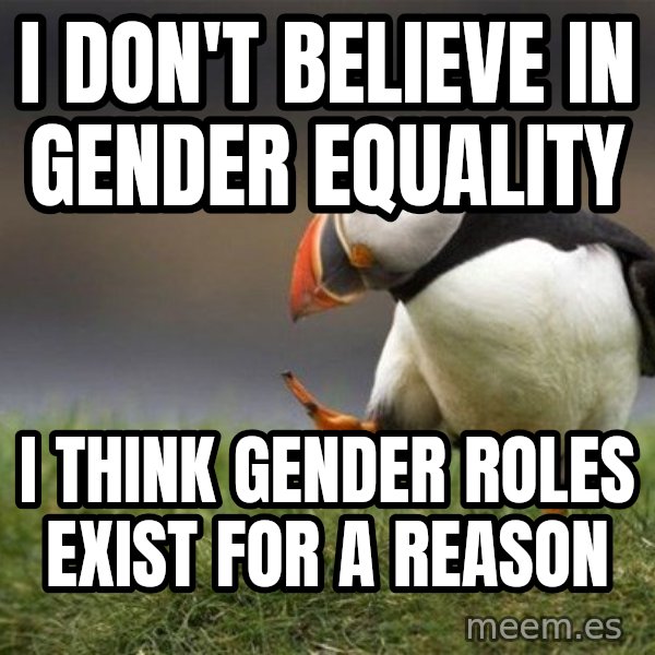 Unpopular Opinion Puffin meme: I don't believe in gender equality / i think gender roles exist for a reason