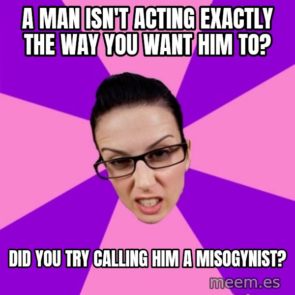 Privilege Denying Feminist meme: a man isn't acting exactly the way you want him to? / did you try calling him a misogynist?