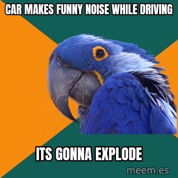 Paranoid Parrot meme: car makes funny noise while driving / its gonna explode