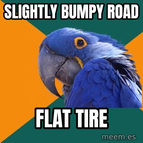 Paranoid Parrot meme: slightly bumpy road / flat tire