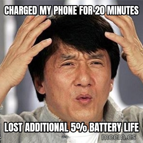 Confused Jackie Chan meme: charged my phone for 20 minutes / lost additional 5% battery life