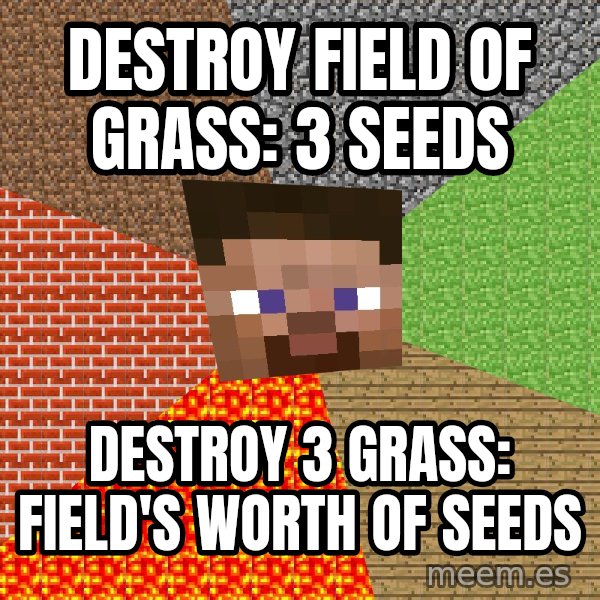 Minecraft Guy meme: Destroy field of grass: 3 seeds / Destroy 3 grass: FIELD's worth of seeds