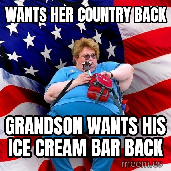 Obese American meme: Wants her country Back / Grandson wants his ice cream bar back