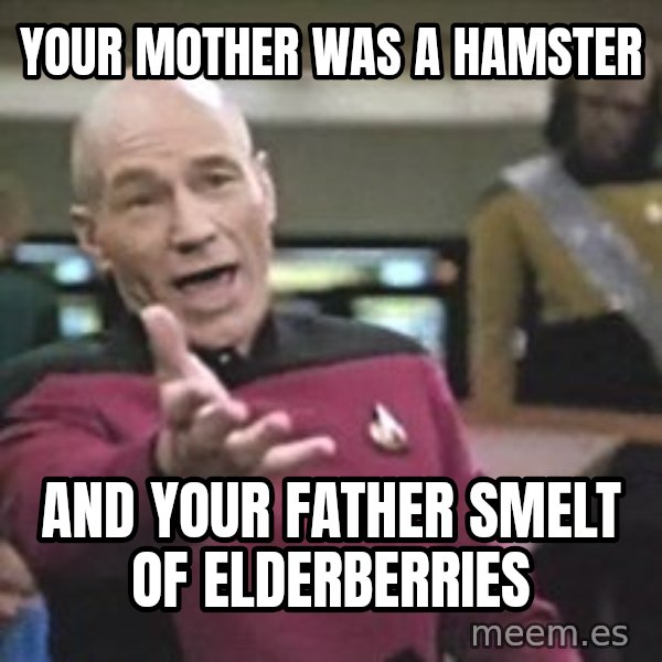 Captain Picard meme: Your mother was a hamster / and your father smelt of elderberries