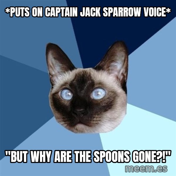 Chronic Illness Cat meme: *puts on captain jack sparrow voice* / "but why are the spoons gone?!"