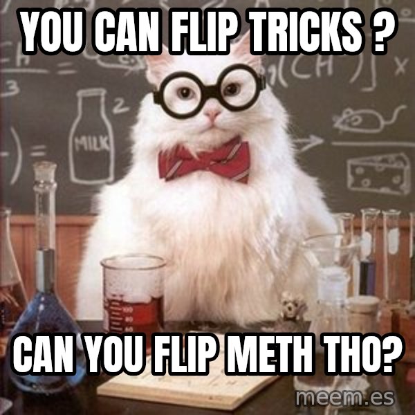 Chemistry Cat meme: You can flip tricks ? / Can you flip meth tho?