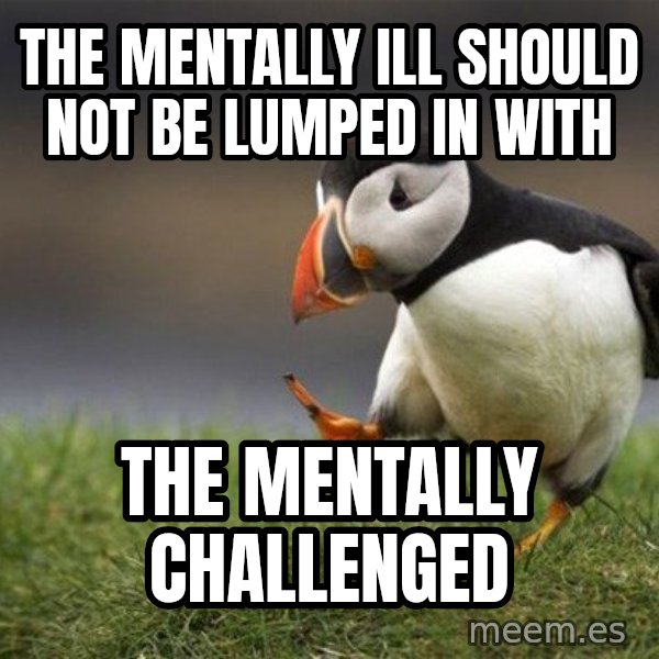 Unpopular Opinion Puffin meme: The mentally ill should not be lumped in with / the mentally challenged