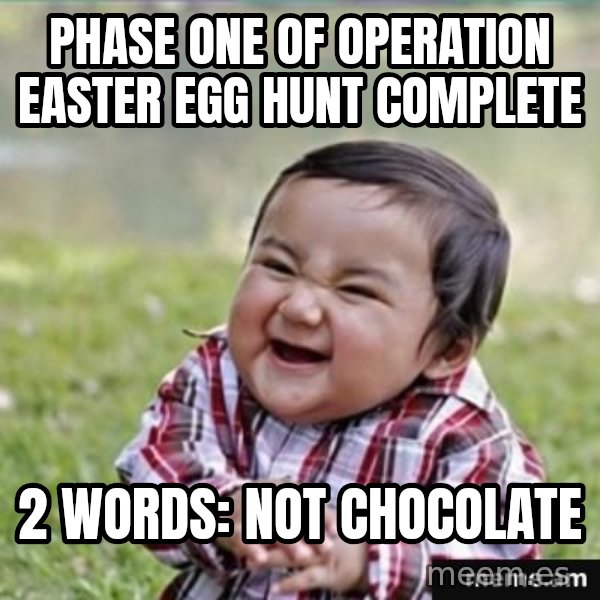 evil plan kid meme: Phase one of operation easter egg Hunt Complete / 2 words: not chOcolate