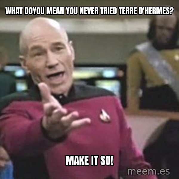 Captain Picard meme: what doyou mean you never tried terre d'hermes? / make it so!