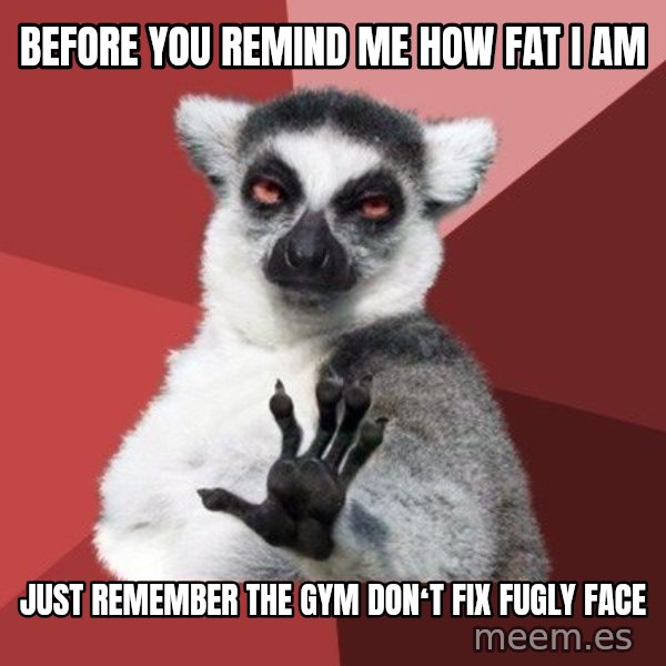 Chill Out Lemur meme: Before you remind me how fat i am / Just remember the gym donʻt fix fugly face