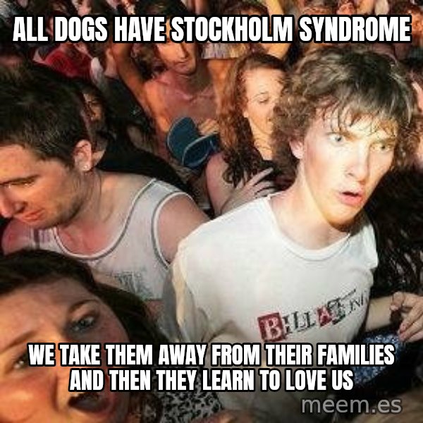 -Sudden Clarity Clarence meme: All dogs have stockholm syndrome / we take them away from their families and then they learn to love us