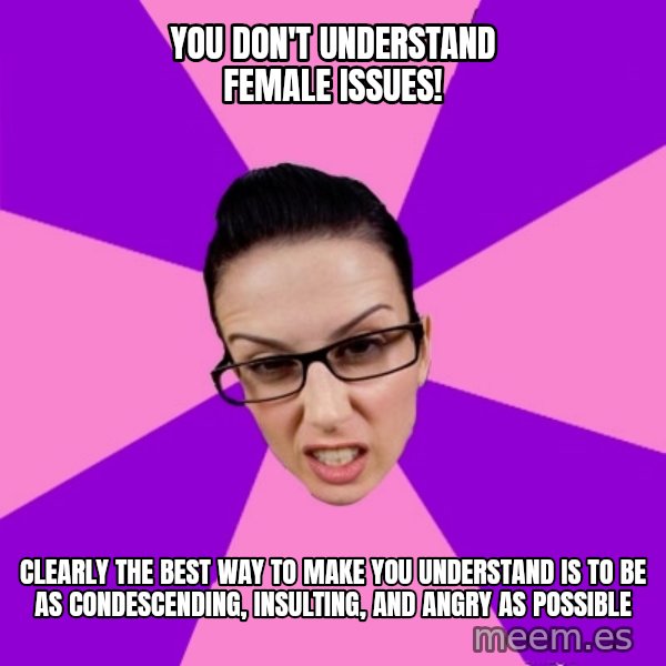 Privilege Denying Feminist meme: you don't understand female issues! / clearly the best way to make you understand is to be as condescending, insulting, and angry as possible